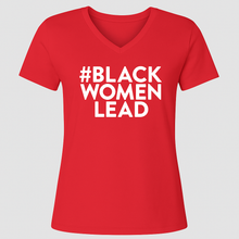 Load image into Gallery viewer, Red t-shirt with '#BLACK WOMEN LEAD' text on a white background