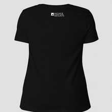Load image into Gallery viewer, Black t-shirt with &#39;Higher Heights&#39; logo on a light gray background